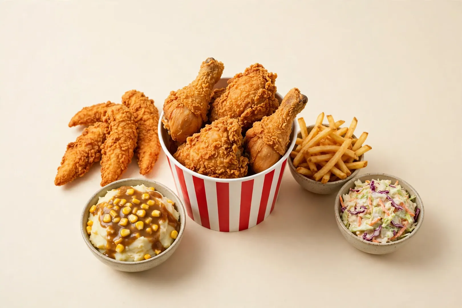 KFC menu with prices - fried chicken bucket, tenders, fries, coleslaw and Famous Bowl