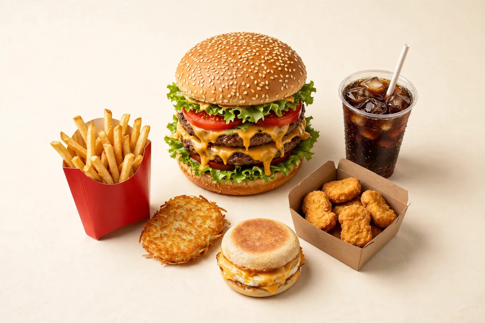McDonald's menu with prices - double burger, fries, chicken nuggets, hash browns, breakfast muffin and cola